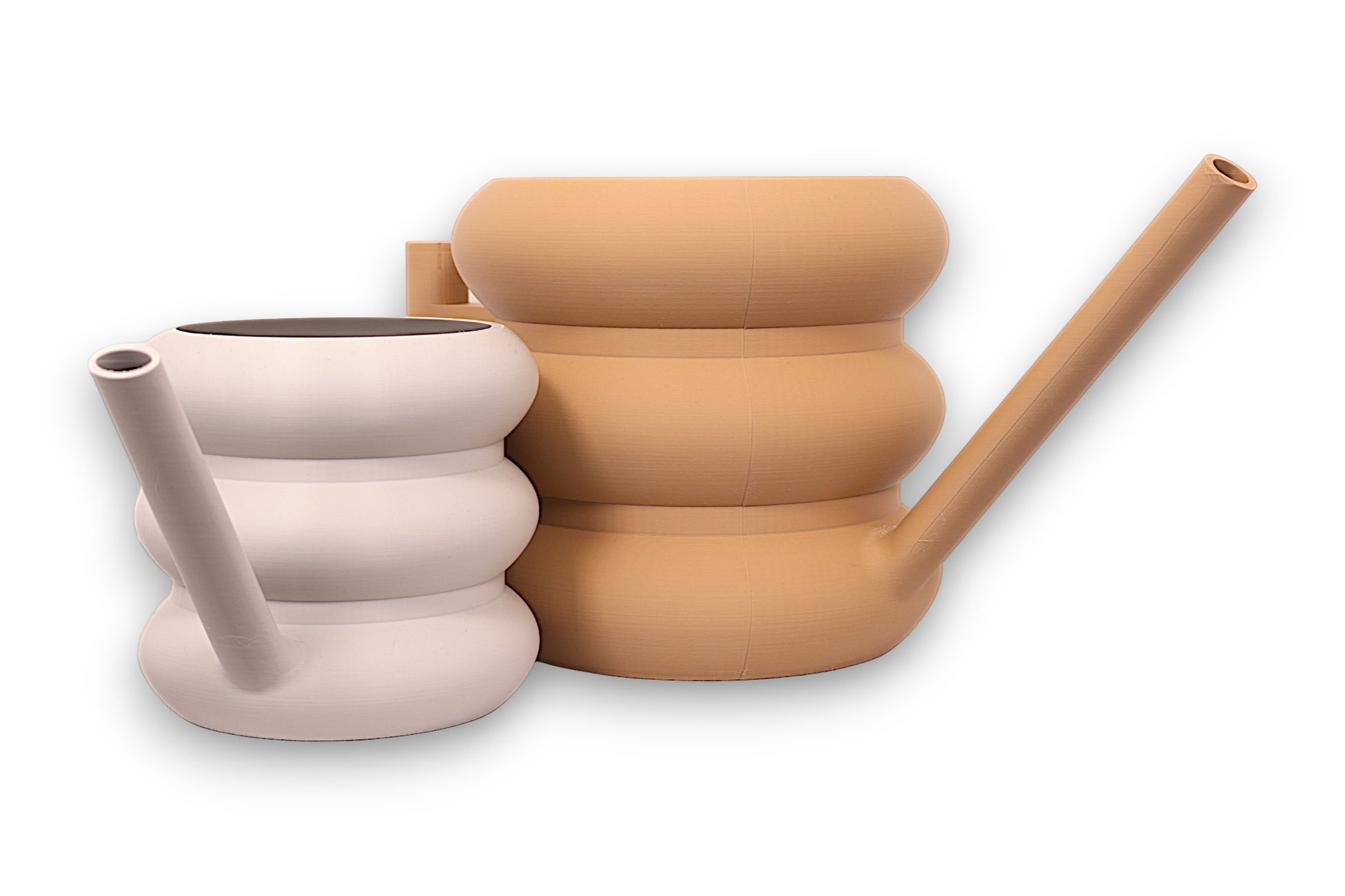 Off-white and tan PLA watering cans – 3D printed with stacked spherical segments and elongated spouts, displayed on white background

