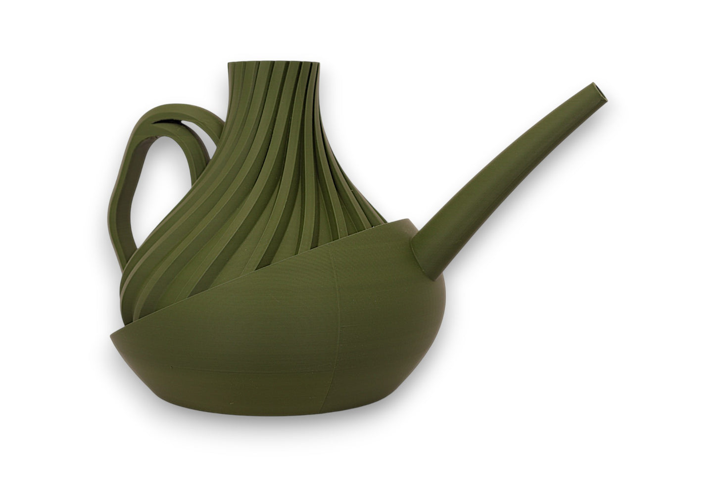 Green PLA watering can – 3D printed with ribbed top and smooth rounded base, featuring long straight spout

