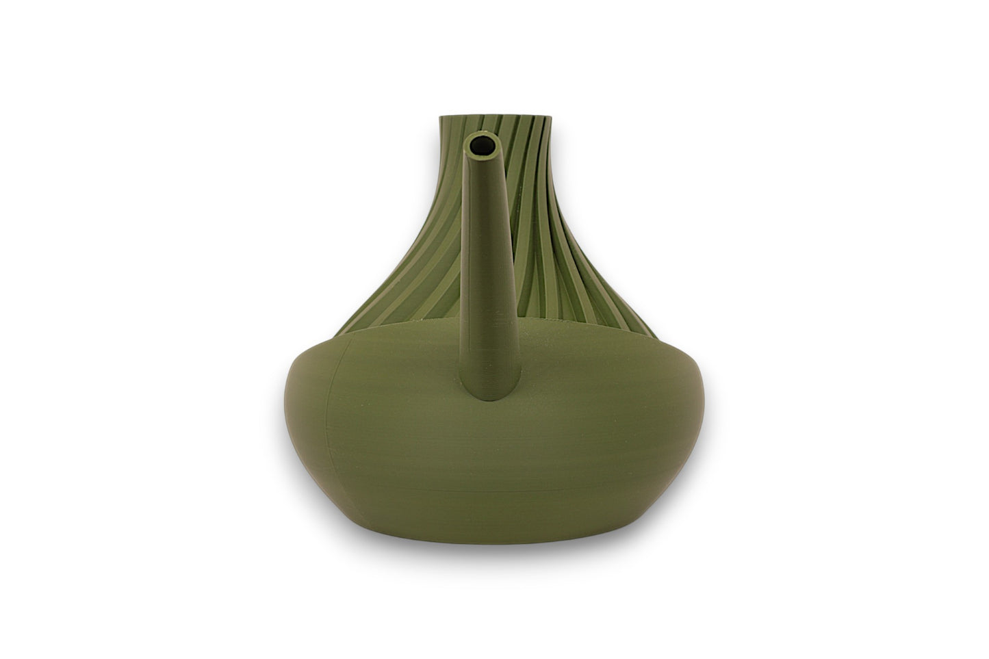 Green PLA watering can – 3D printed with ribbed top and smooth rounded base, featuring long straight spout

