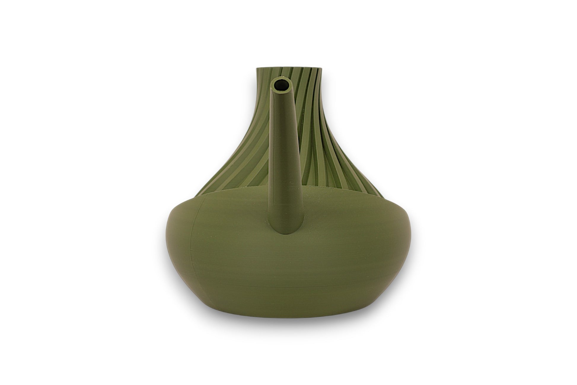 Green PLA watering can – 3D printed with ribbed top and smooth rounded base, featuring long straight spout

