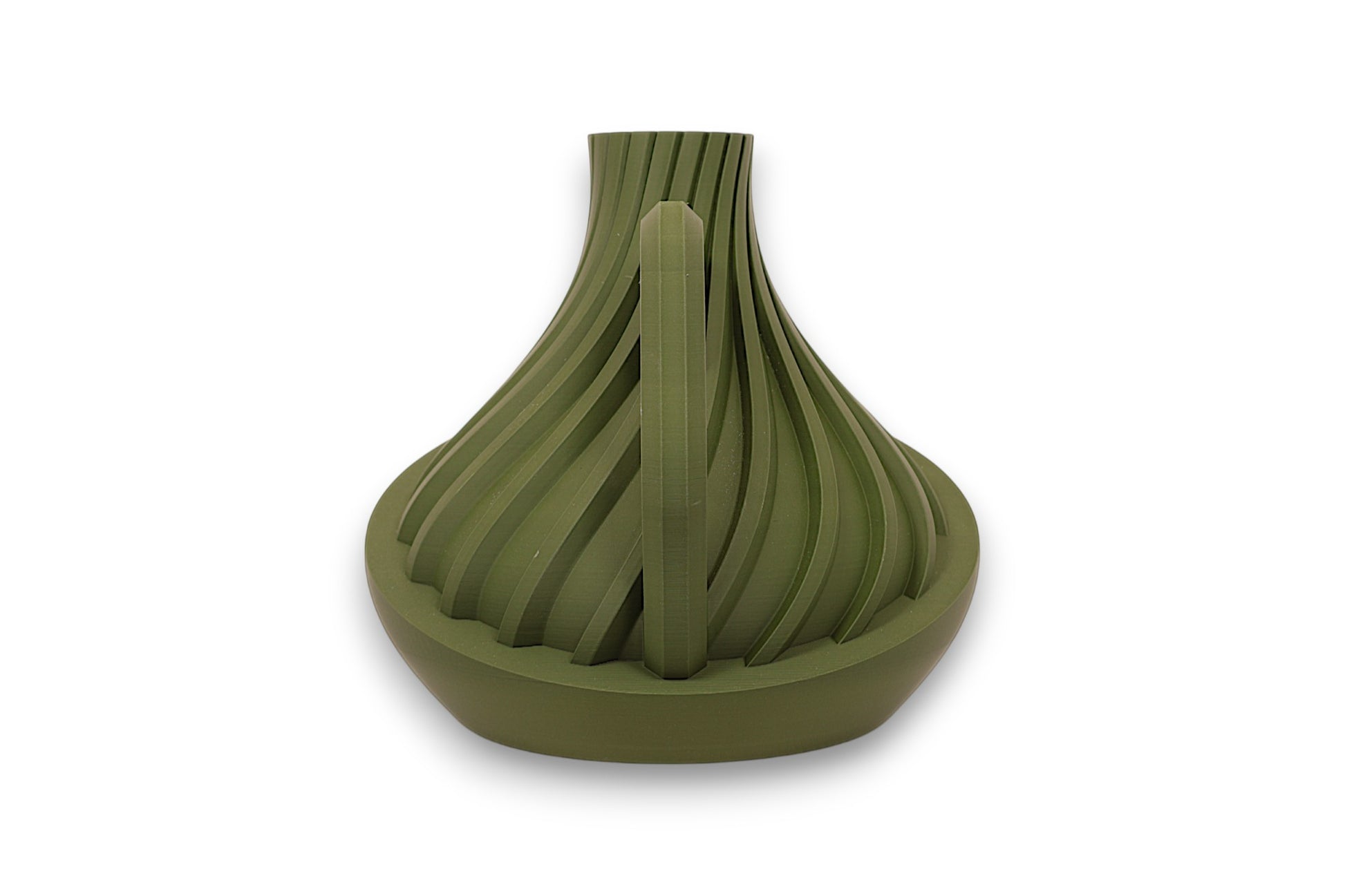 Green PLA watering can – 3D printed with ribbed top and smooth rounded base, featuring long straight spout

