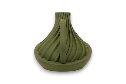 Green PLA watering can – 3D printed with ribbed top and smooth rounded base, featuring long straight spout

