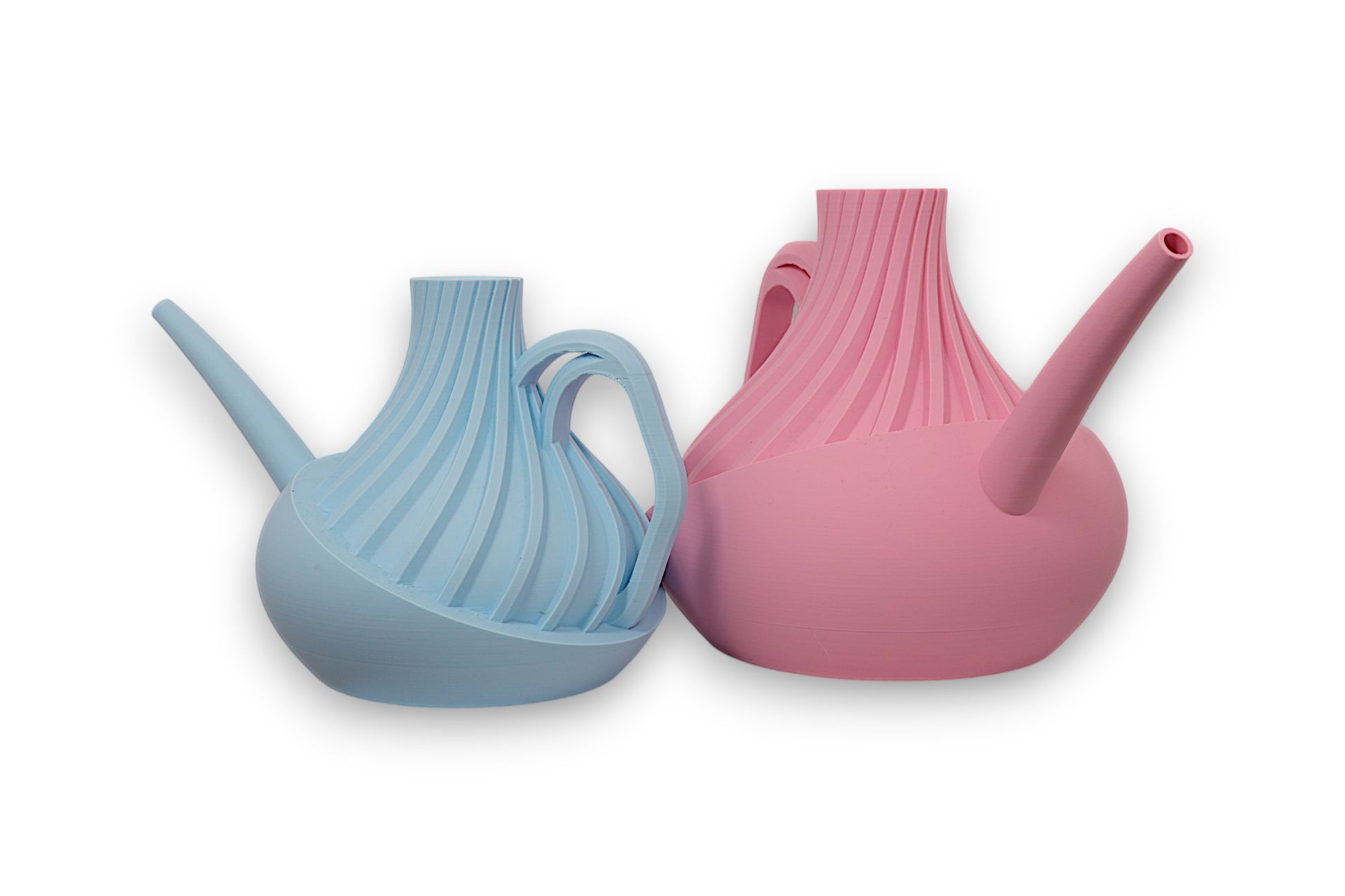 Light blue and pink PLA watering cans – 3D printed with vertically ribbed upper bodies, smooth bases, and angled spouts

