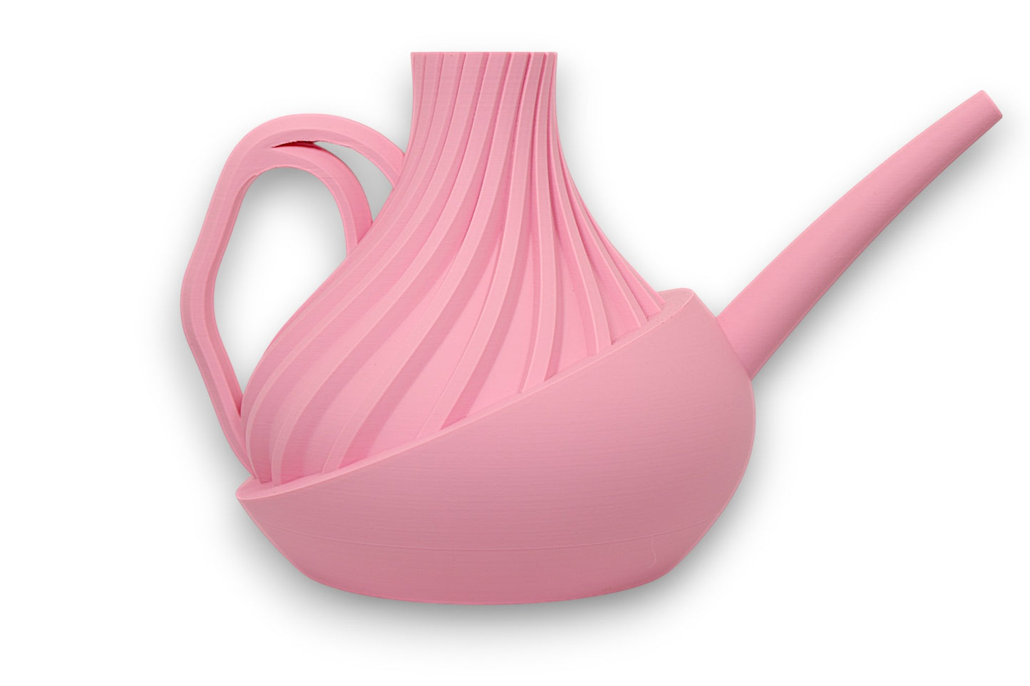 Pink PLA watering can – 3D printed with sculptural twisted body, integrated handle, and long slender spout

