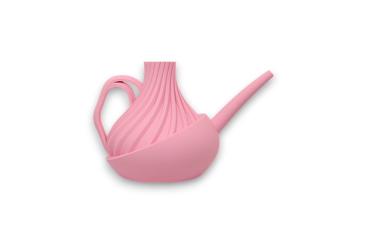 Pink PLA watering can – 3D printed with twisted spiral body, curved handle, and angled spout

