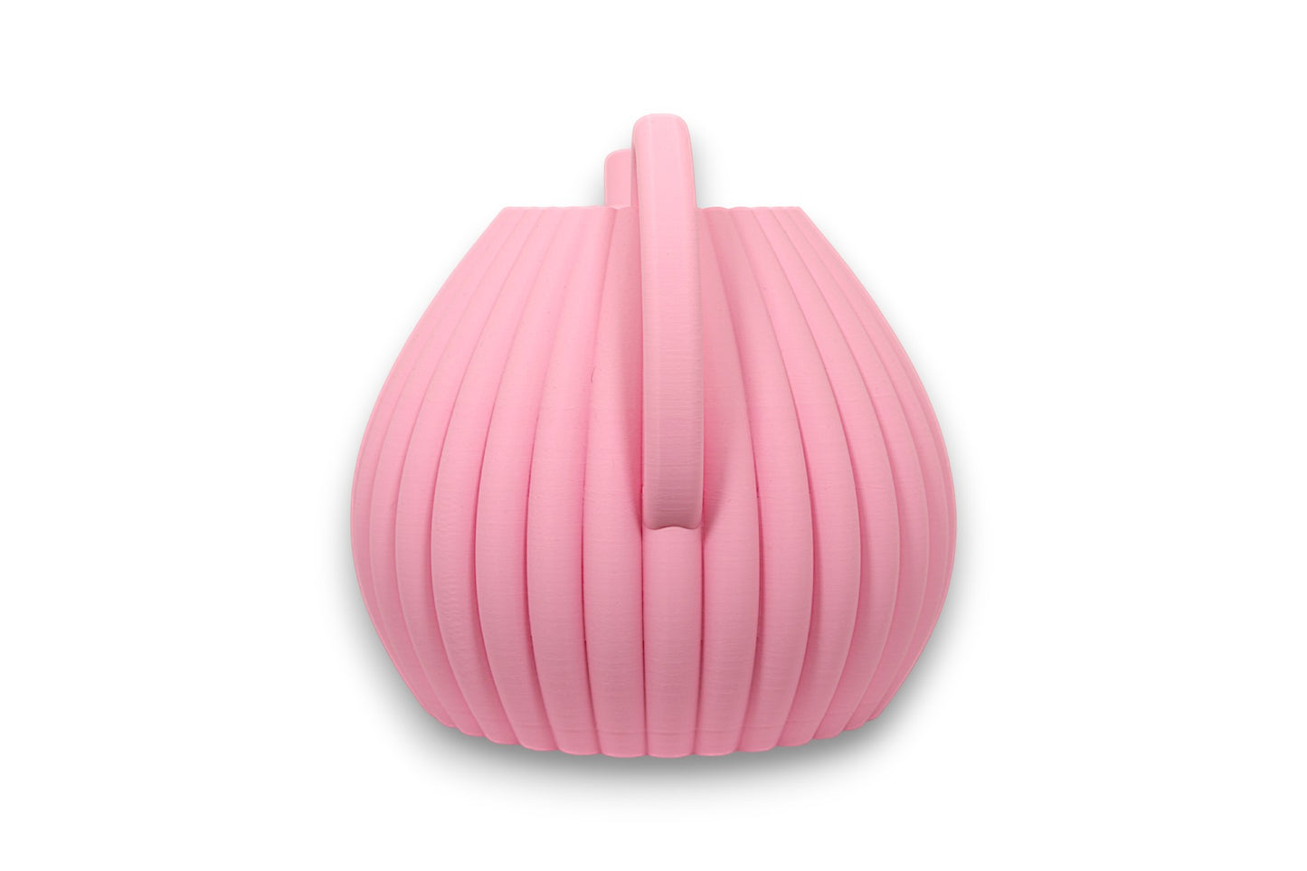 Pink PLA watering can – 3D printed with vertically ribbed body, arched handle, and angled spout
