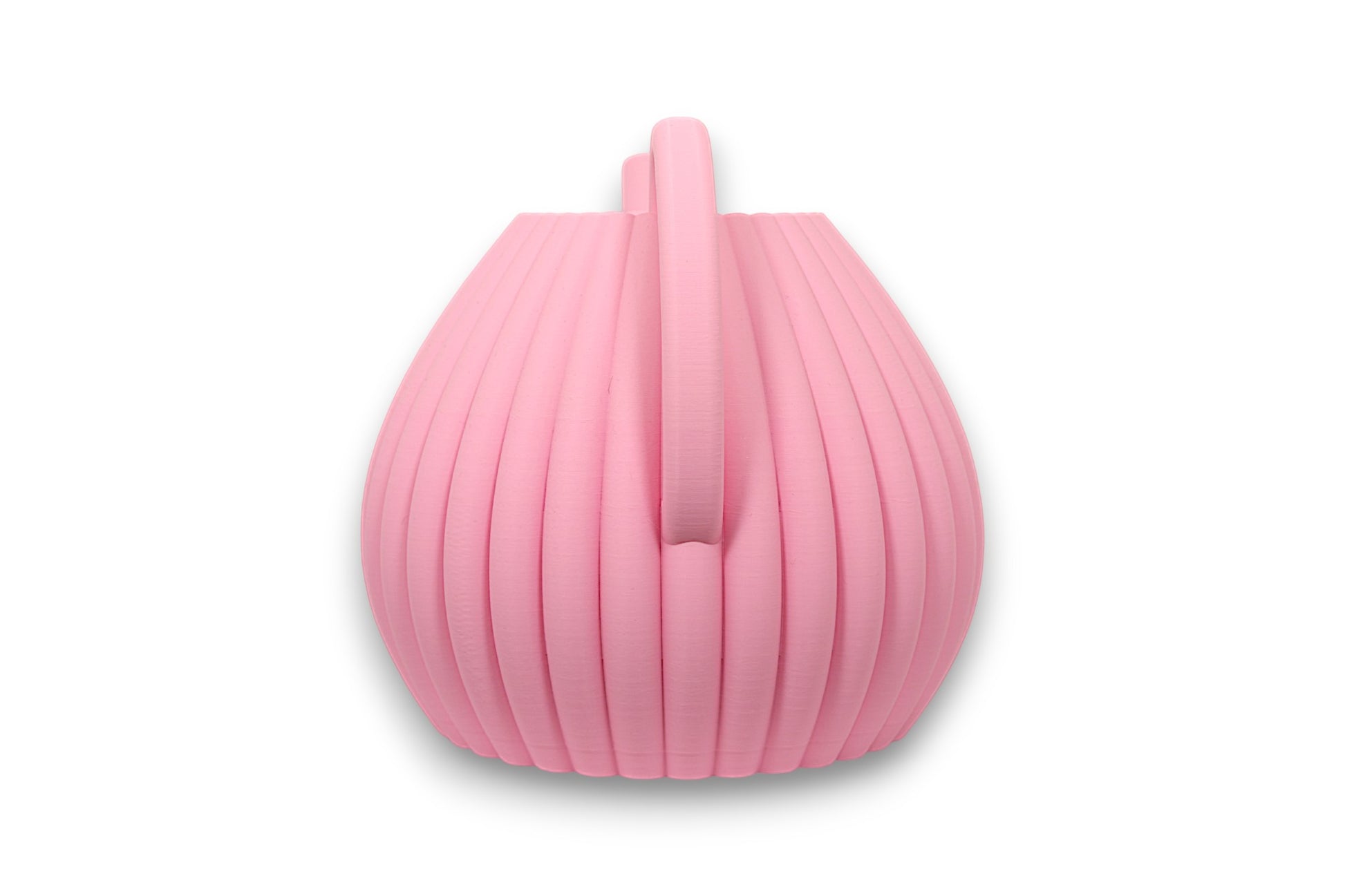 Pink PLA watering can – 3D printed with vertically ribbed body, arched handle, and angled spout

