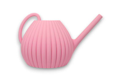 Pink PLA watering can – 3D printed with vertically ribbed body, arched handle, and angled spout

