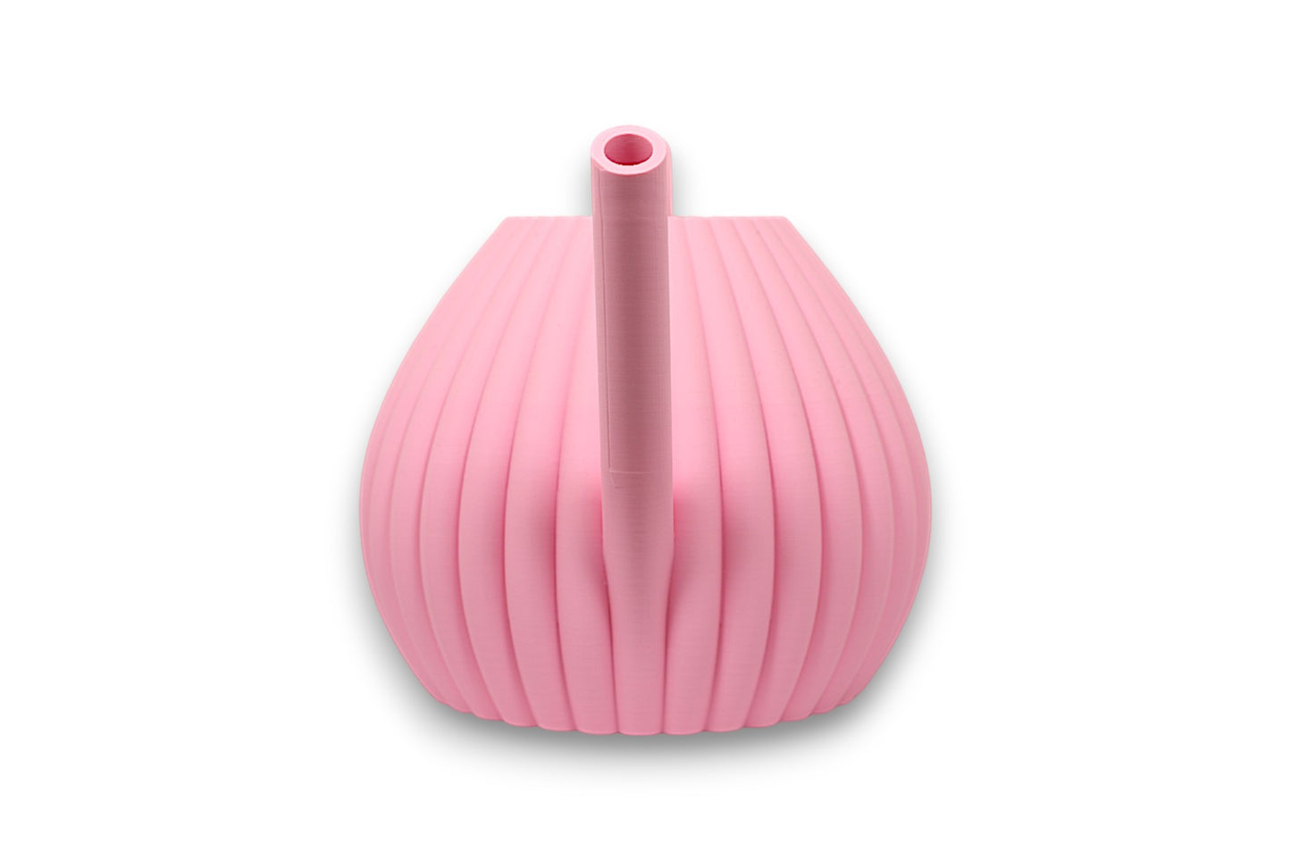 Pink PLA watering can – 3D printed with vertically ribbed body, arched handle, and angled spout

