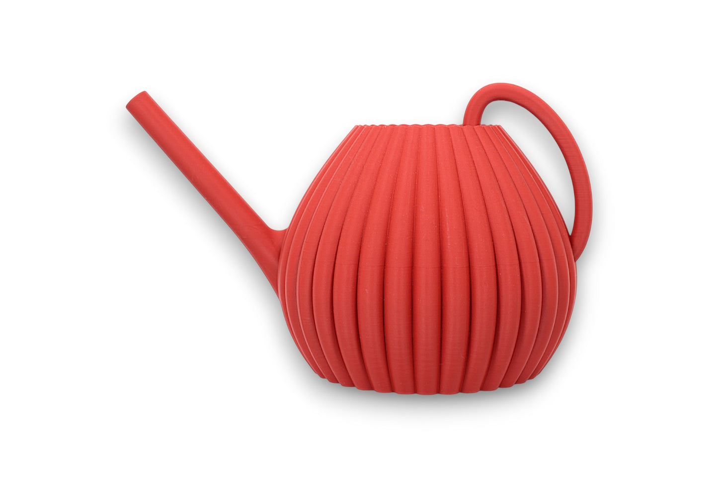 Red PLA watering can – 3D printed with vertically ribbed body, curved handle, and long angled spout

