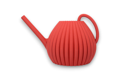 Red PLA watering can – 3D printed with vertically ribbed body, curved handle, and long angled spout

