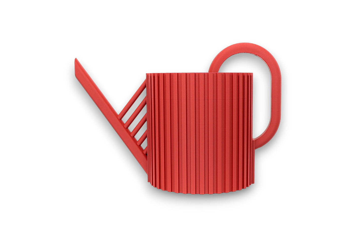 Red PLA watering can – 3D printed with vertically ribbed cylindrical body, slatted angled spout, and rounded loop handle
