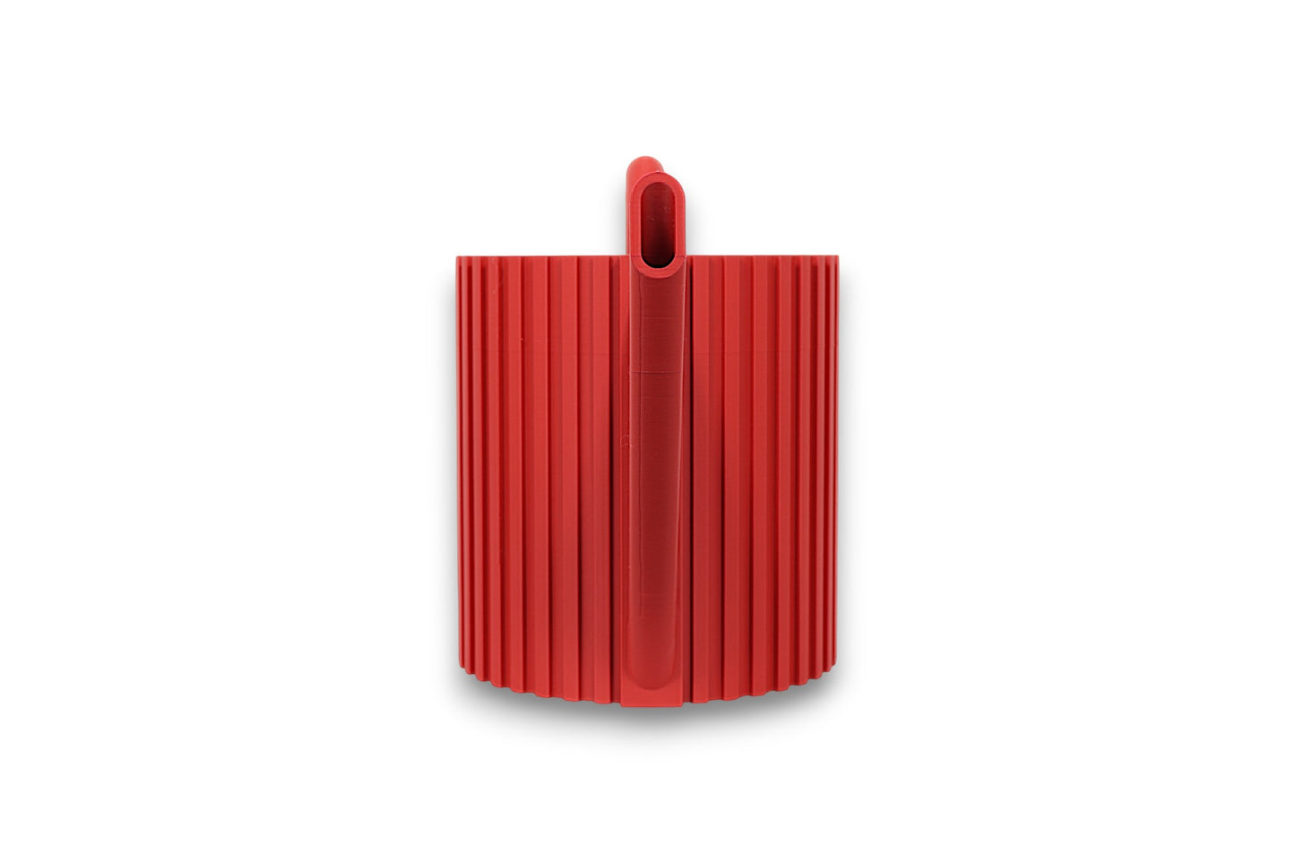 Red PLA watering can – 3D printed with vertically ribbed cylindrical body, slatted angled spout, and rounded loop handle
