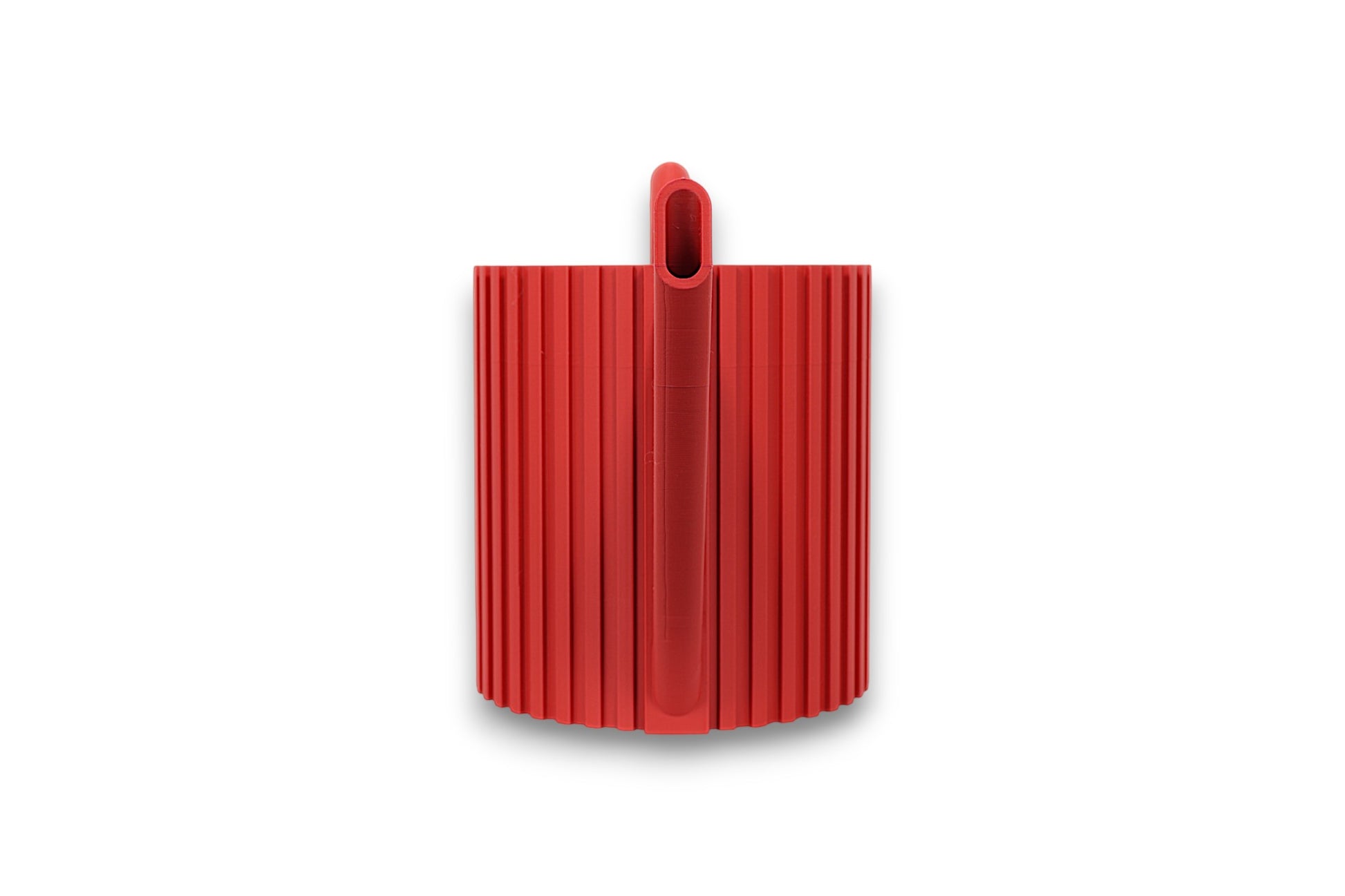 Red PLA watering can – 3D printed with vertically ribbed cylindrical body, slatted angled spout, and rounded loop handle
