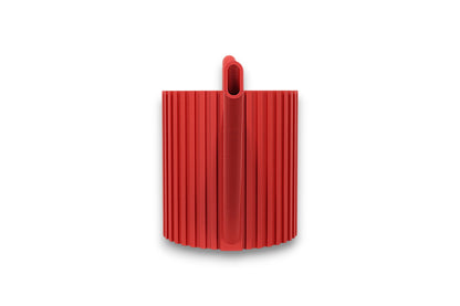 Red PLA watering can – 3D printed with vertically ribbed cylindrical body, slatted angled spout, and rounded loop handle
