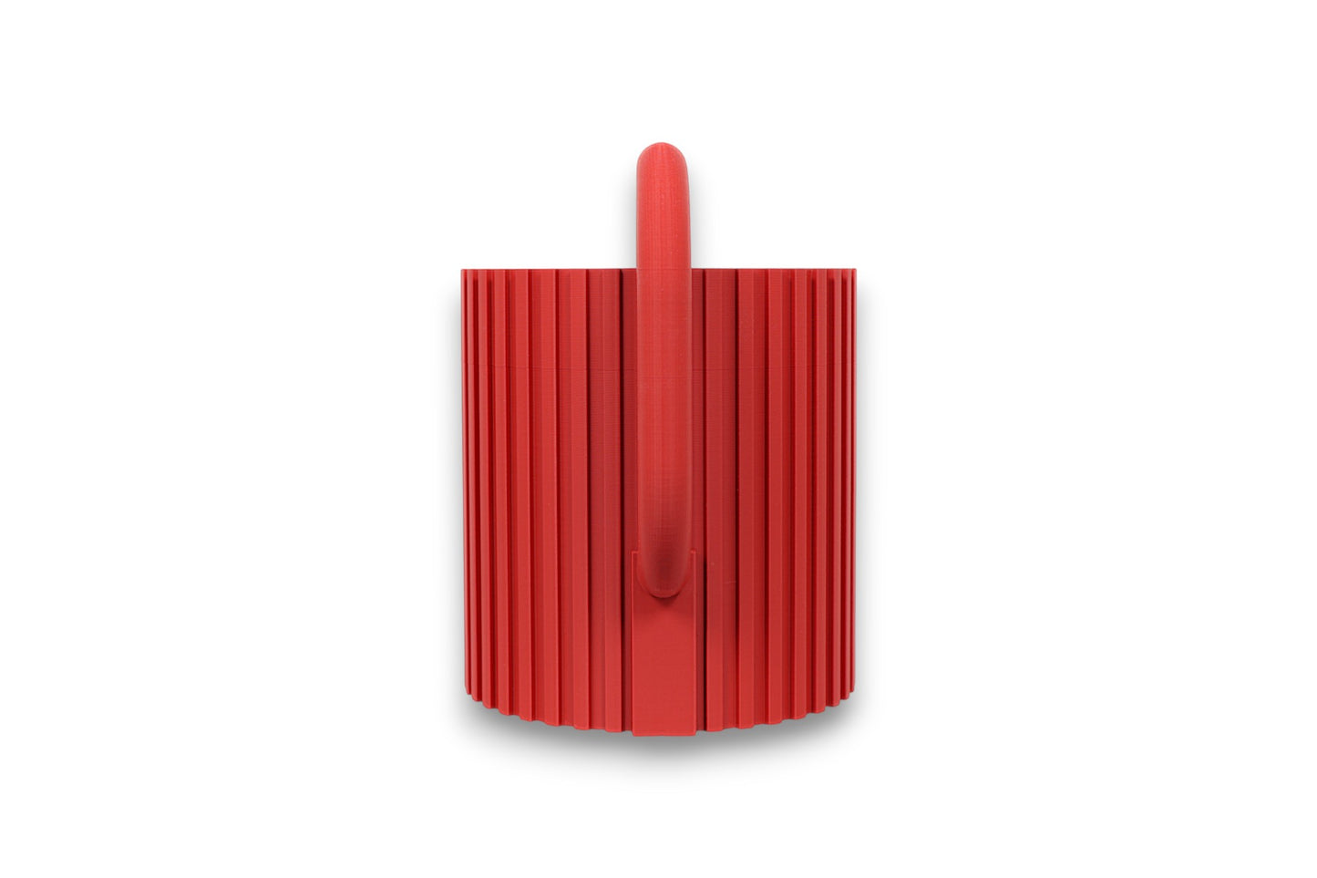 Red PLA watering can – 3D printed with vertically ribbed cylindrical body, slatted angled spout, and rounded loop handle
