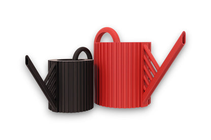 Red and black PLA watering cans – 3D printed with cylindrical ribbed bodies and angled spouts, shown side by side

