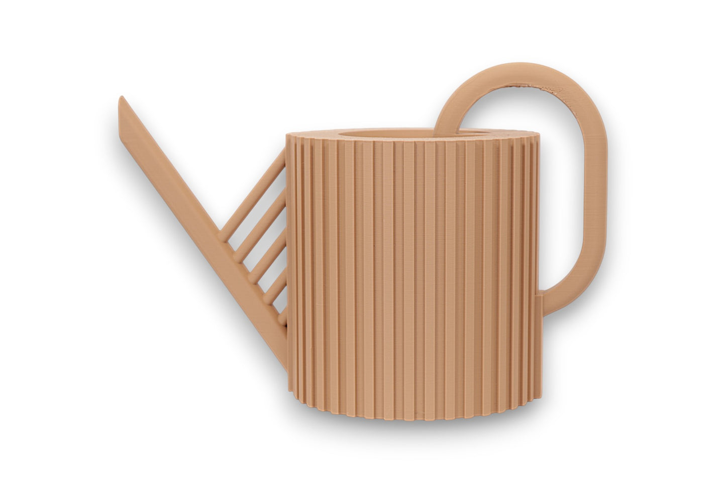 tan PLA watering can – 3D printed with cylindrical ribbed body, angled spout with diagonal support bars, and rounded arc handle

