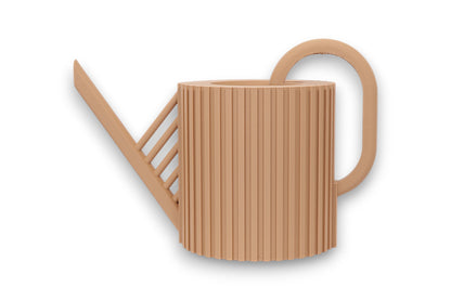 tan PLA watering can – 3D printed with cylindrical ribbed body, angled spout with diagonal support bars, and rounded arc handle

