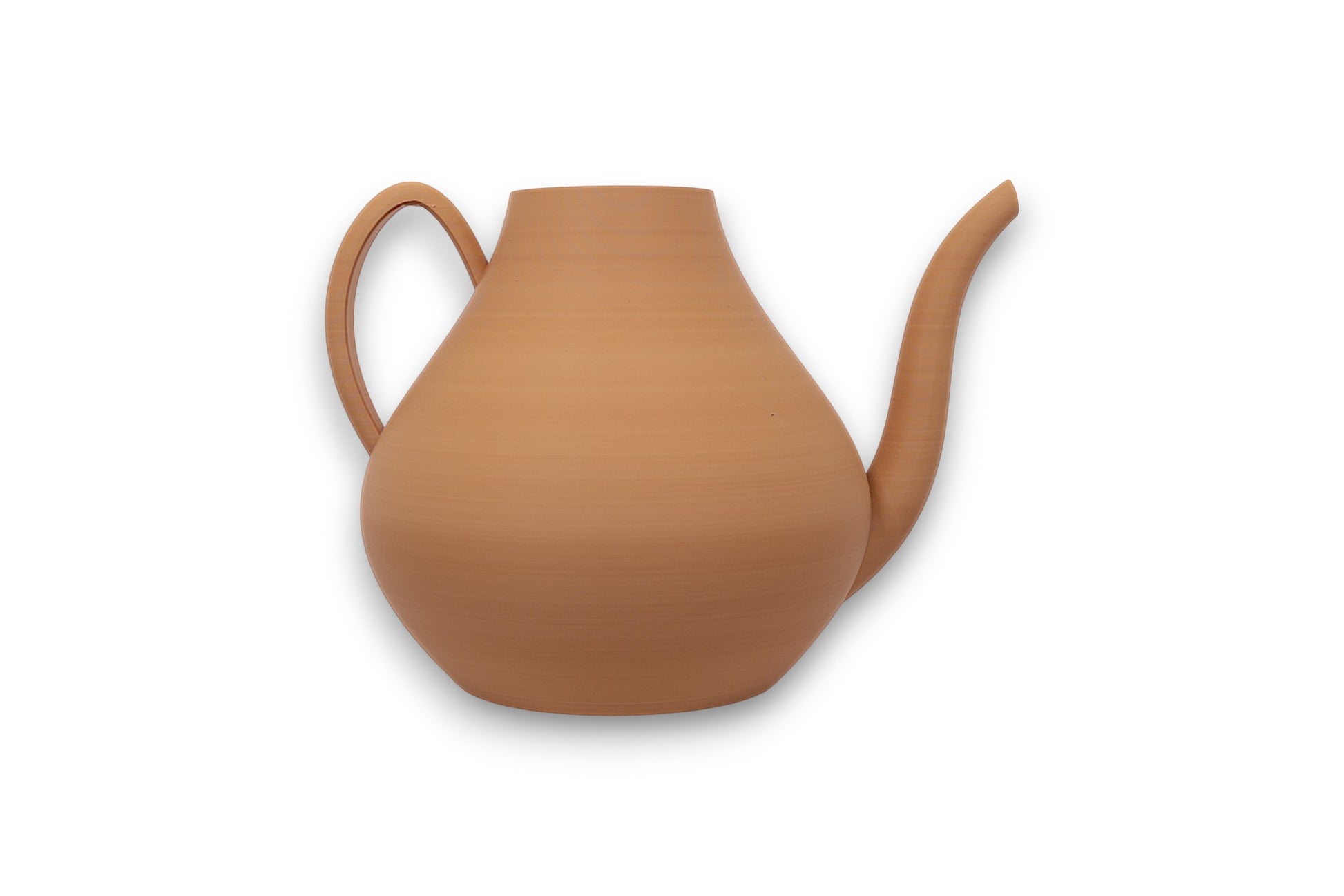 Tan colored watering can on a white background