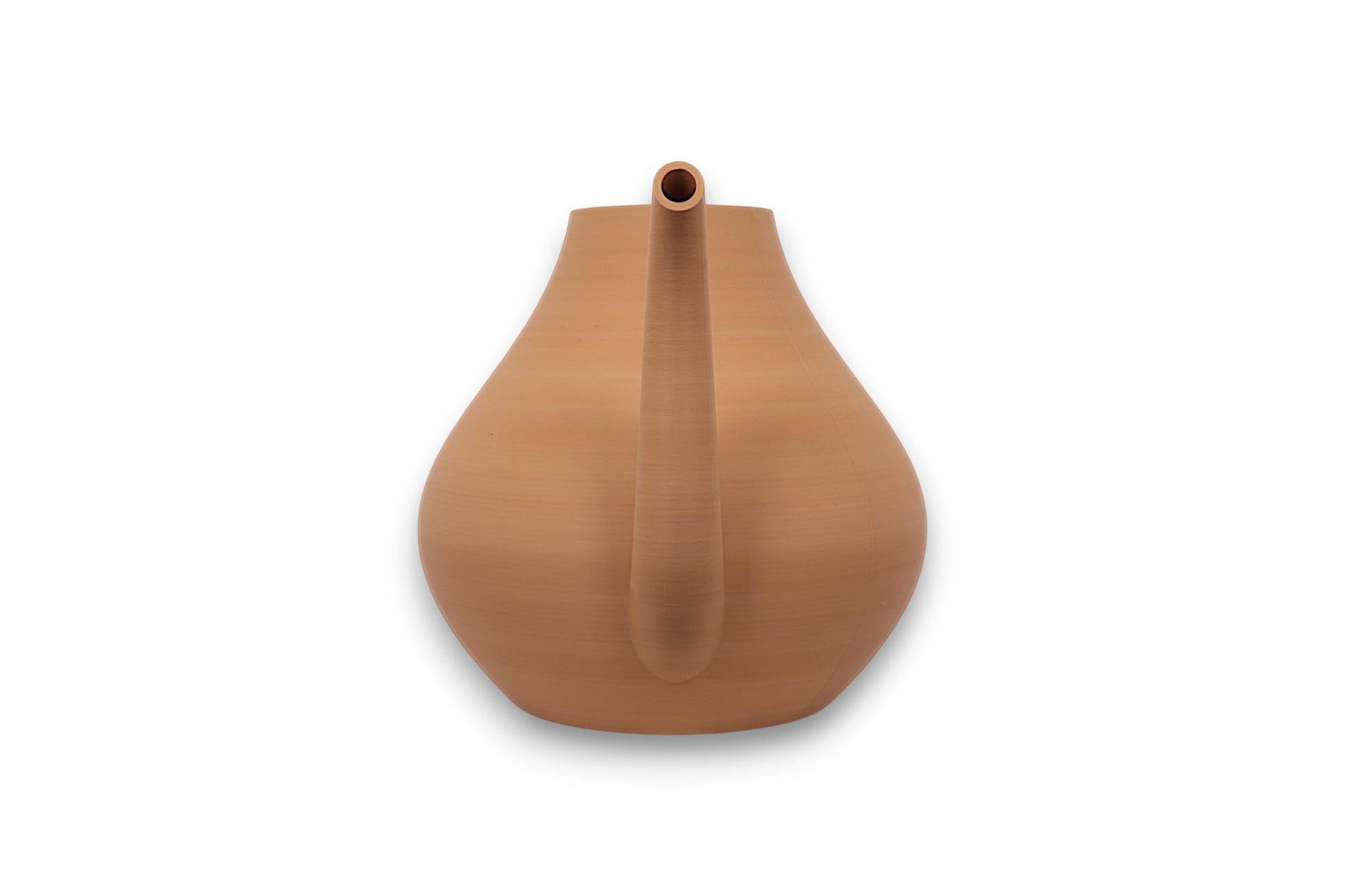 Tan colored watering can on a white background