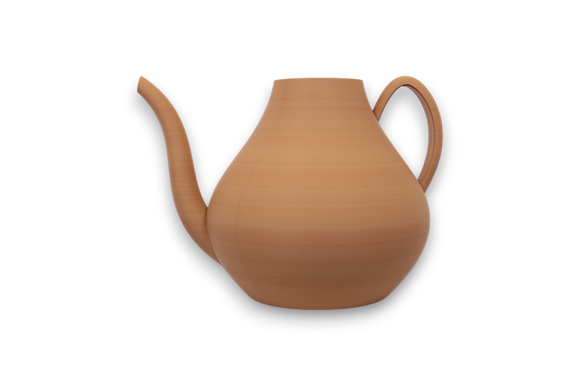 Brown teapot shaped watering can on a white background