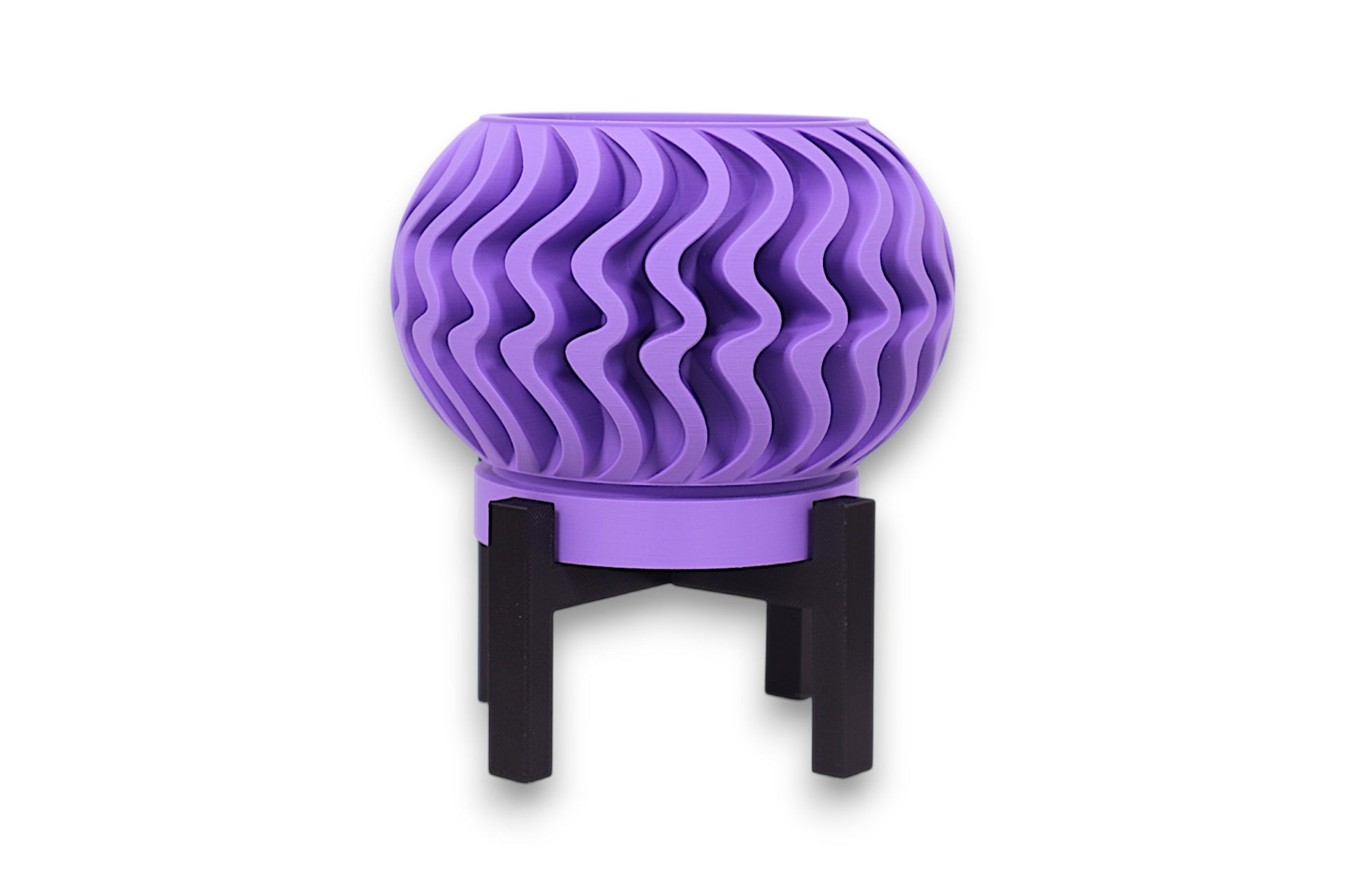 Purple PLA planter – 3D printed with spherical body and vertical wavy texture, elevated on black four-legged stand
