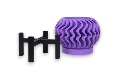 Purple PLA planter – 3D printed with spherical body and vertical wavy texture, elevated on black four-legged stand
