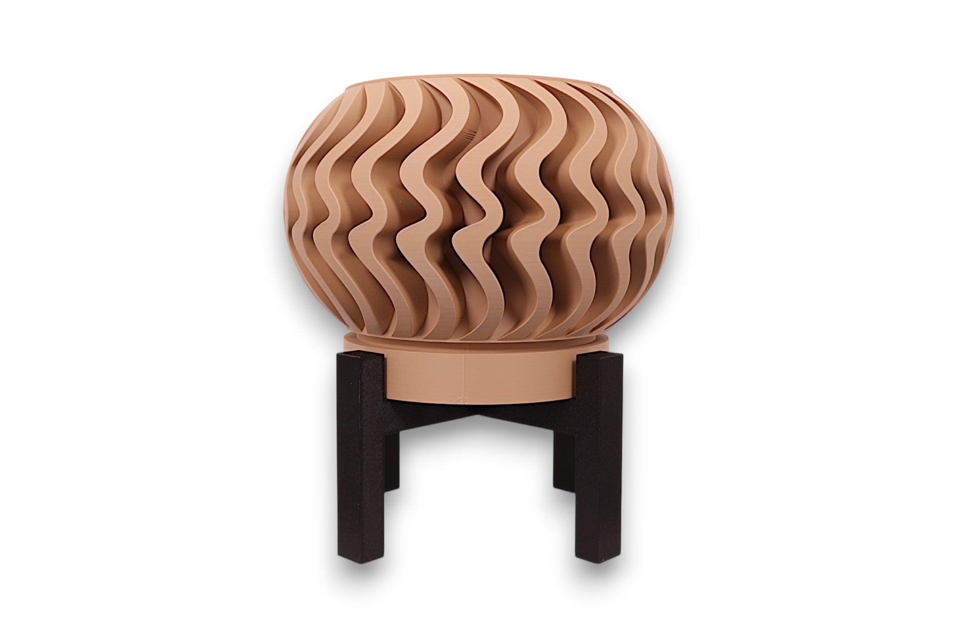 desert tan PLA planter – 3D printed with bulbous body and undulating vertical ridges, mounted on black four-legged stand
