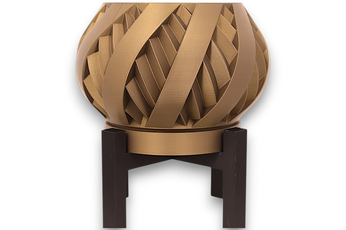Bronze PLA planter – 3D printed with twisted ribbon texture and spherical form, paired with black minimalist stand
