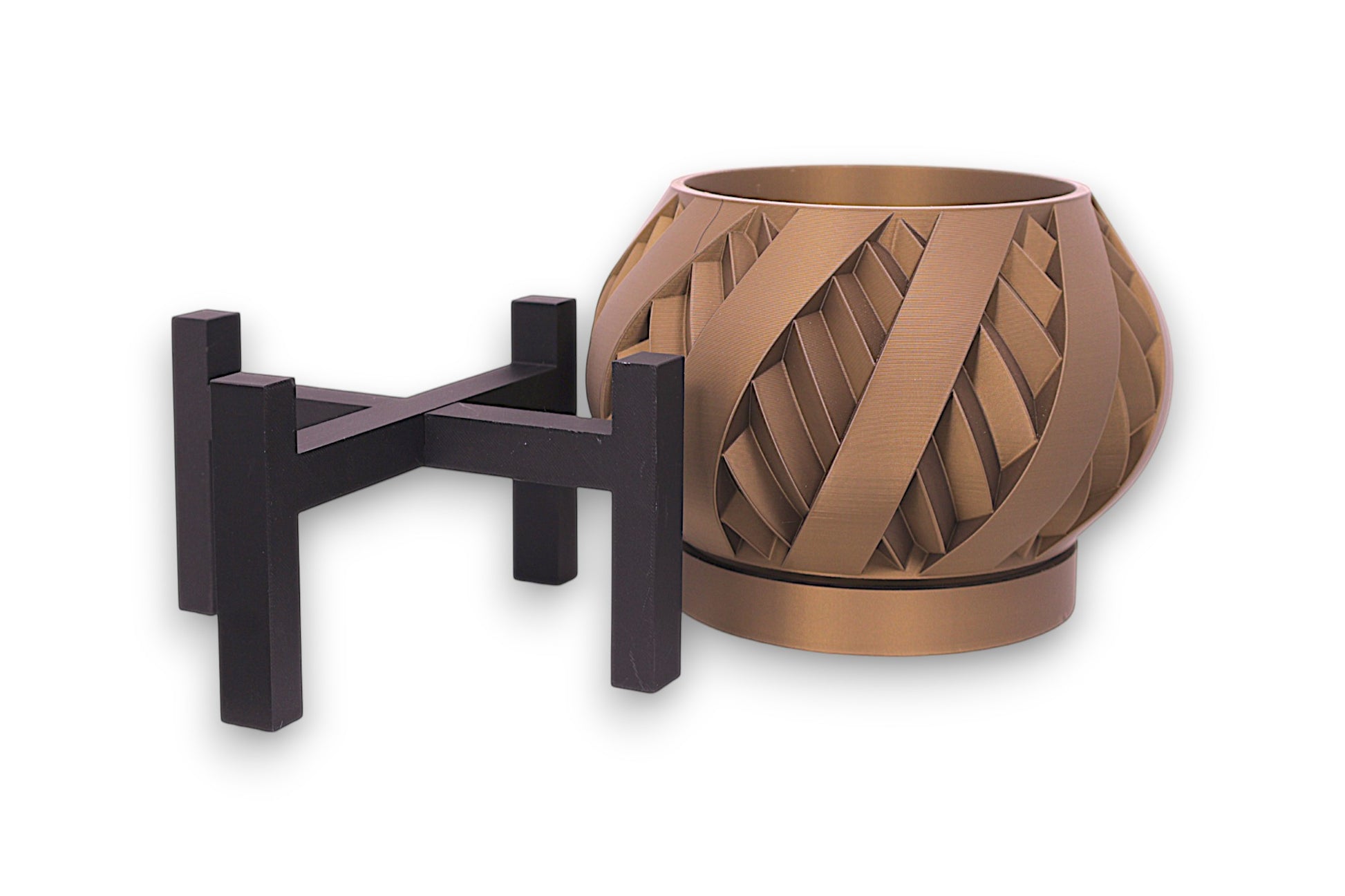 Bronze PLA planter – 3D printed with twisted ribbon texture and spherical form, paired with black minimalist stand

