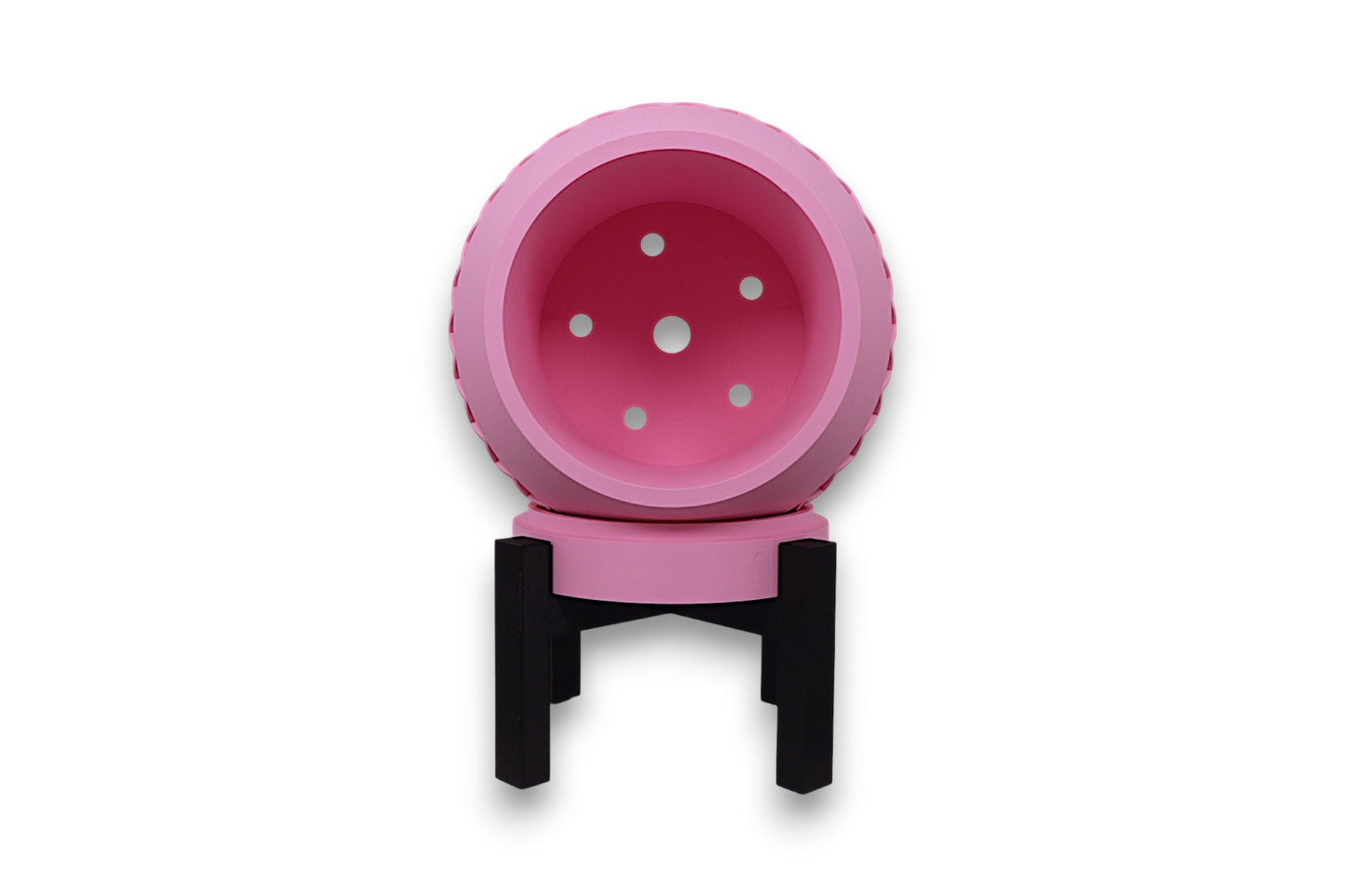 Pink PLA planter – 3D printed with bowl-shaped body and diamond lattice texture, mounted on black three-legged stand

