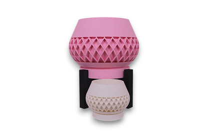 Pink and white PLA planters – 3D printed with diamond lattice textures and bowl-shaped forms, stacked vertically in black stand
