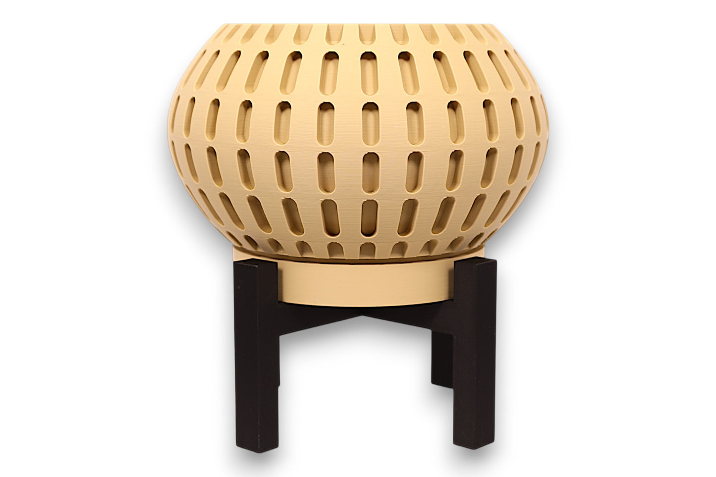 Tan PLA planter – 3D printed with spherical body and evenly spaced vertical oval cutouts, mounted on black four-legged stand
