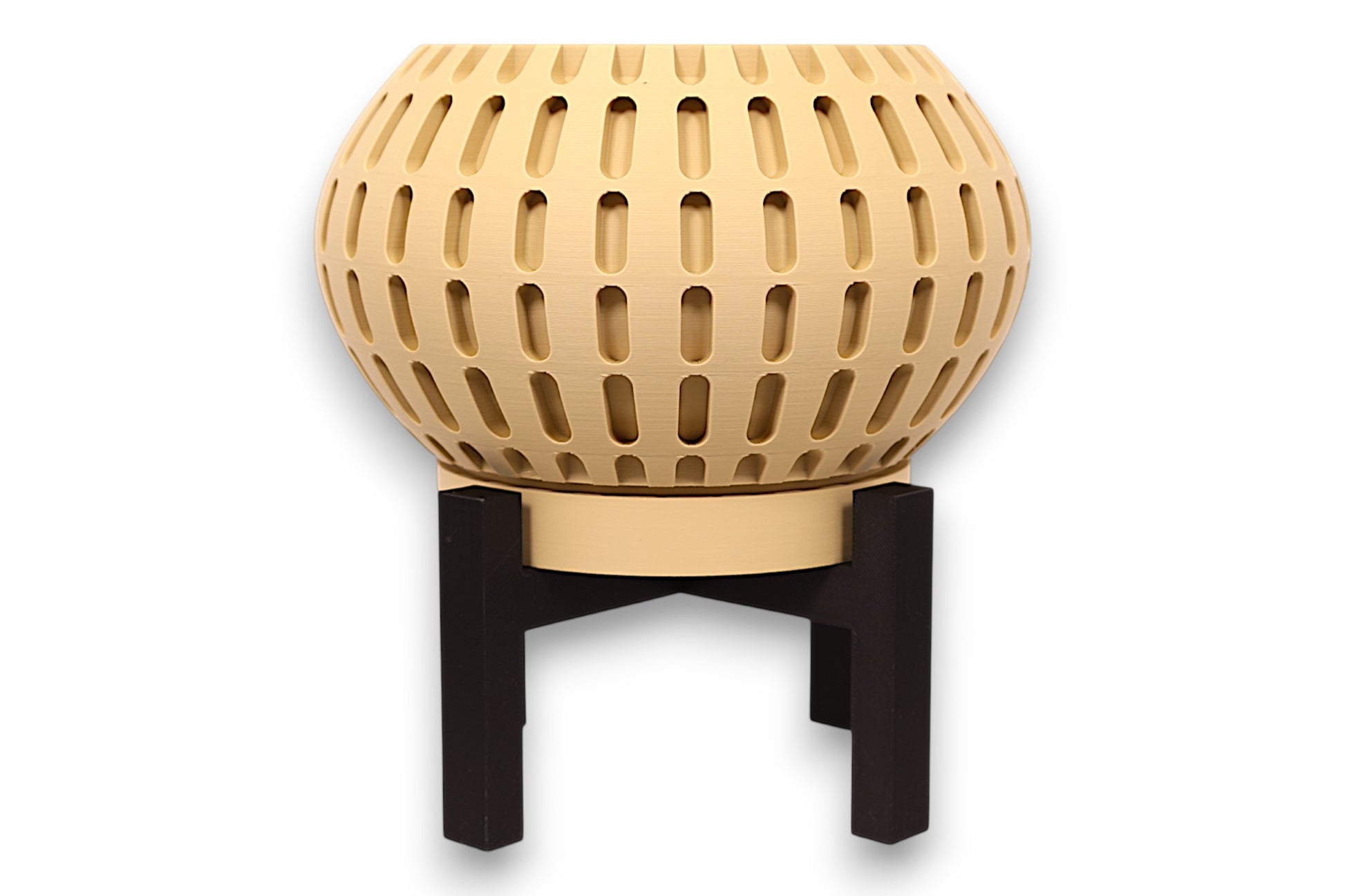 Tan PLA planter – 3D printed with spherical body and evenly spaced vertical oval cutouts, mounted on black four-legged stand
