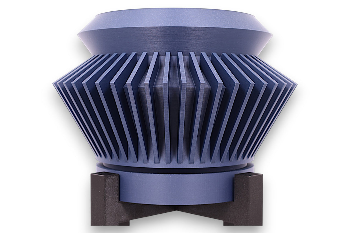 Blue PLA planter – 3D printed with radial fin texture and conical profile, elevated on black four-legged stand
