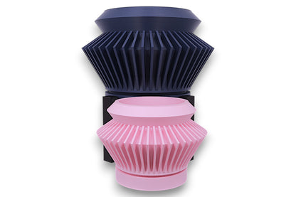Blue and pink PLA planters – 3D printed with vertical fin textures and cylindrical forms, stacked in staggered layout
