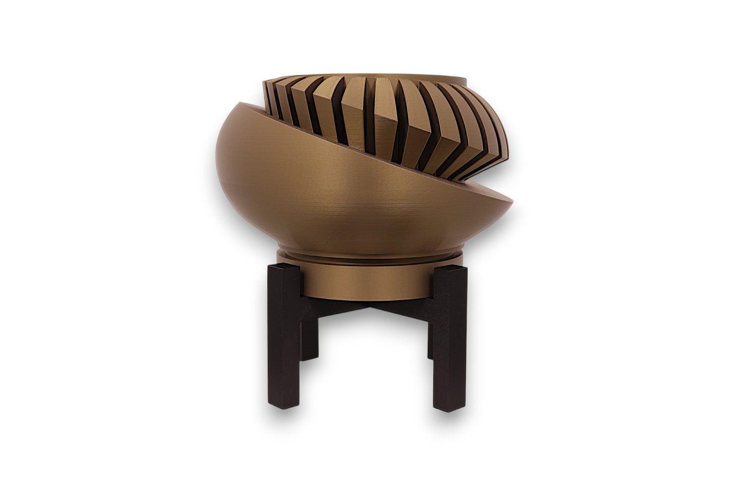 Bronze PLA sculpture – 3D printed with interlocking spiral blade texture, mounted on black four-legged stand
