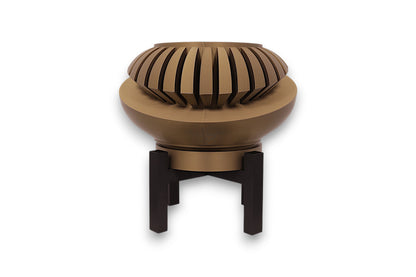 Bronze PLA sculpture – 3D printed with interlocking spiral blade texture, mounted on black four-legged stand
