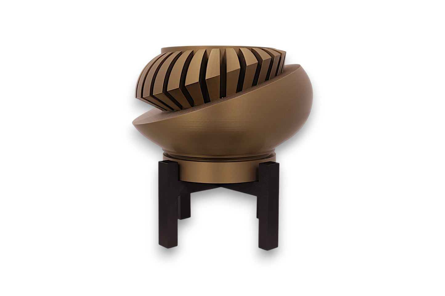 Bronze PLA sculpture – 3D printed with interlocking spiral blade texture, mounted on black four-legged stand
