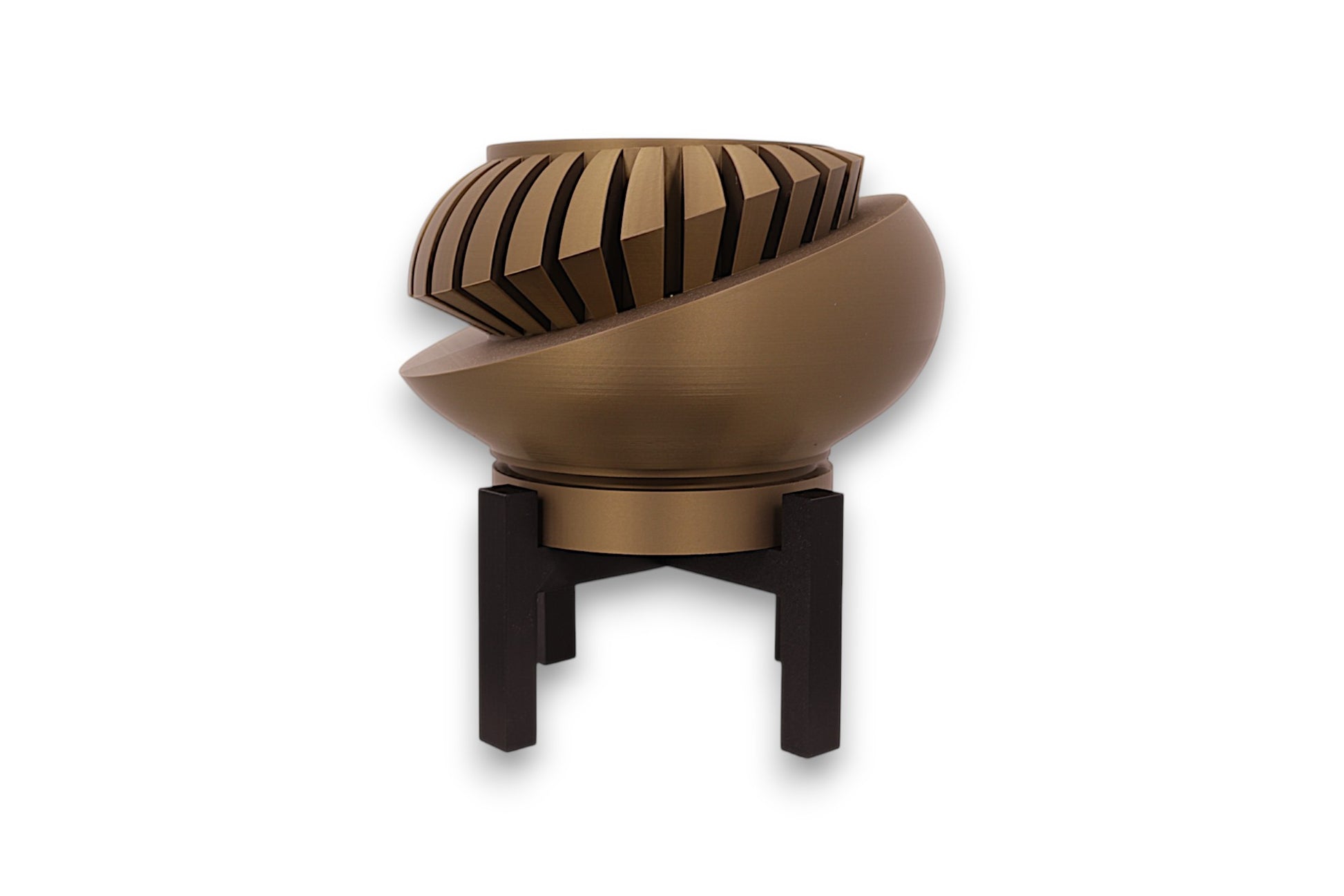 Bronze PLA sculpture – 3D printed with interlocking spiral blade texture, mounted on black four-legged stand
