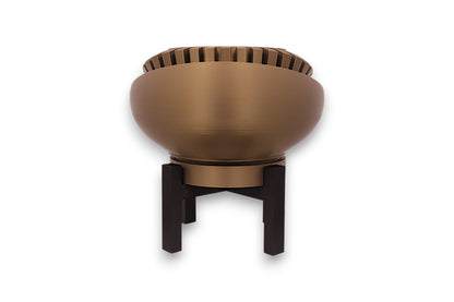 Bronze PLA sculpture – 3D printed with interlocking spiral blade texture, mounted on black four-legged stand
