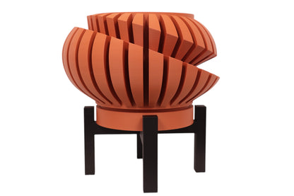 Terracotta PLA planter – 3D printed with curved slats forming a dynamic spiral sphere, mounted on black stand
