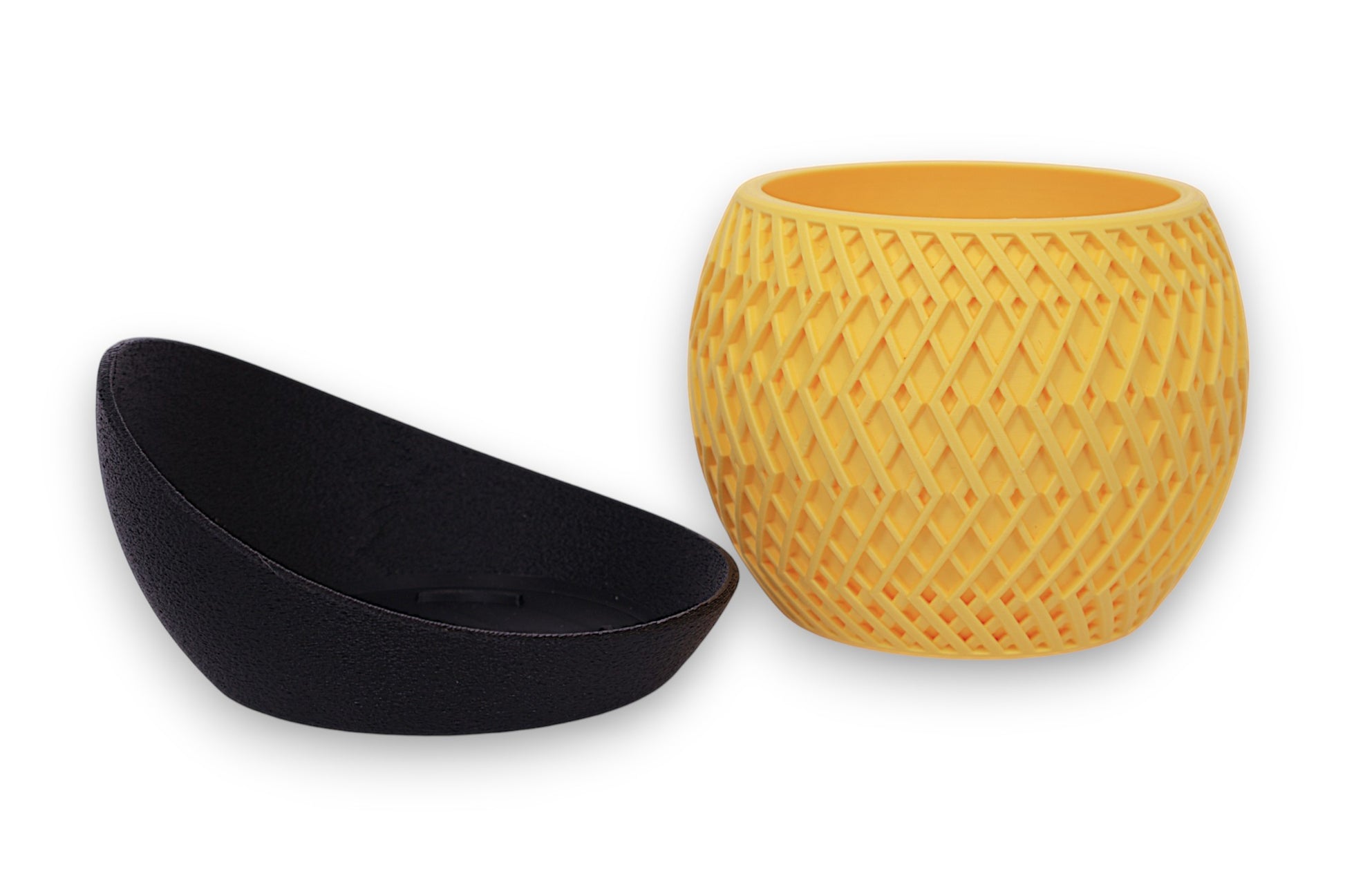 Yellow PLA planter – 3D printed with lattice texture, shown beside smooth black base with curved profile
