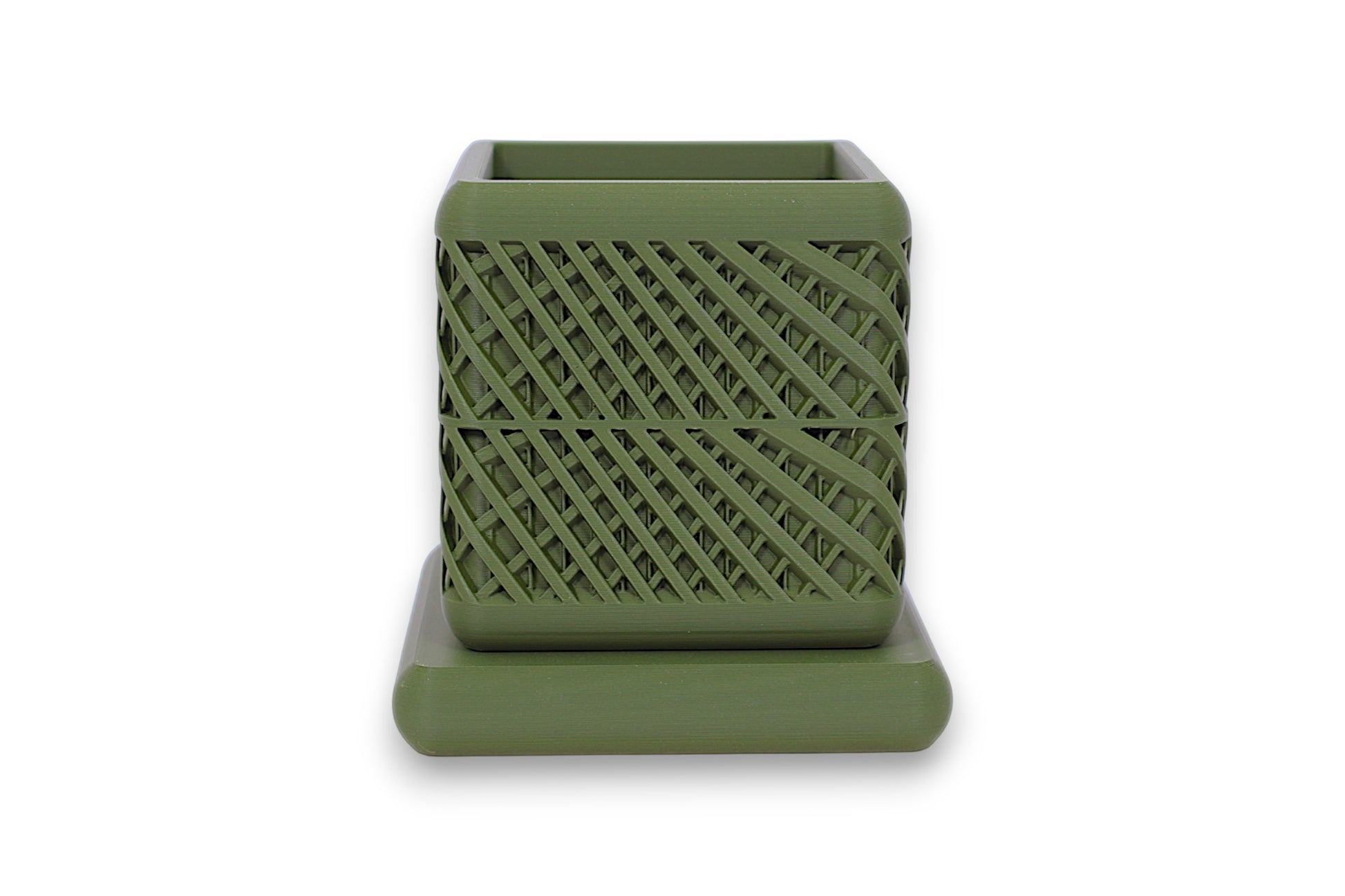 Green PLA square container – 3D printed with diagonal lattice texture, placed on matching base
