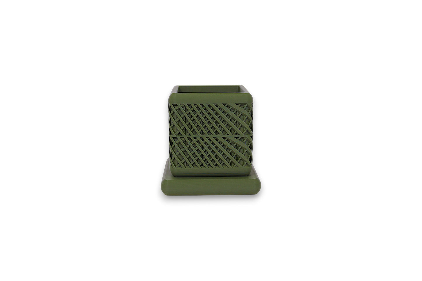 Green PLA planter – 3D printed with vertical and diagonal lattice texture, shown on flat matching base
