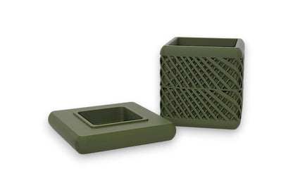 Green PLA cube planter – 3D printed with vertical and diagonal lattice texture, shown on flat matching base

