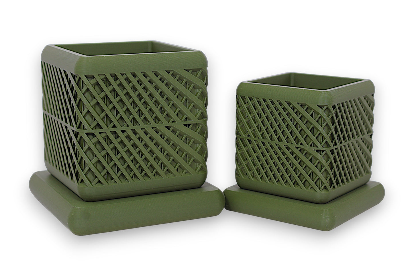 Set of two green PLA planters – 3D printed with diagonal lattice texture, each placed on matching square base
