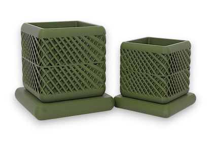 Set of two green PLA planters – 3D printed with diagonal lattice texture, each placed on matching square base
