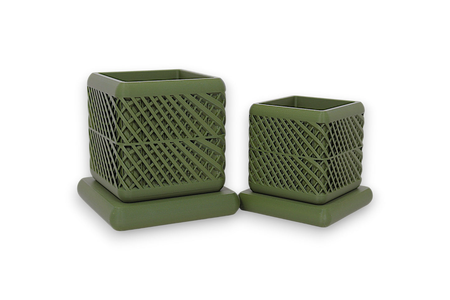 Set of two green PLA planter – 3D printed with diagonal lattice texture, each placed on matching square base
